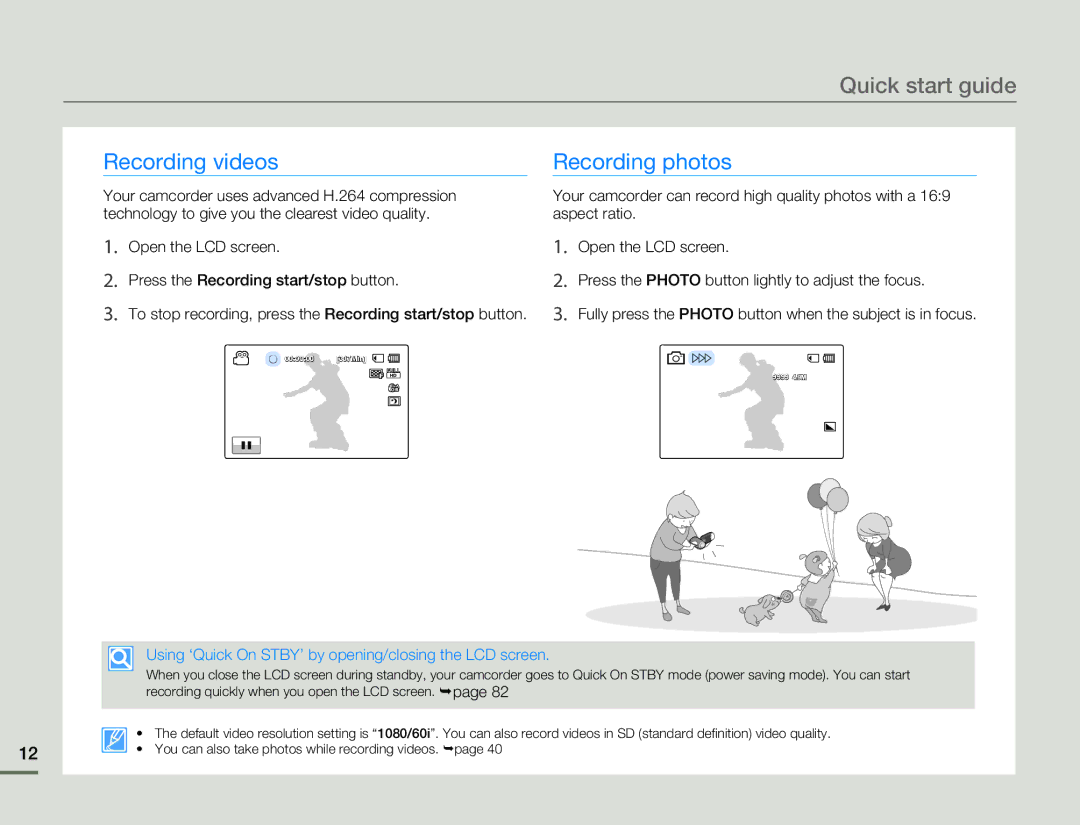 Samsung HMX-H303BN/HMX-H303SN/HMX-H303RN/HMX-H303UN user manual Quick start guide, Recording videos, Recording photos 