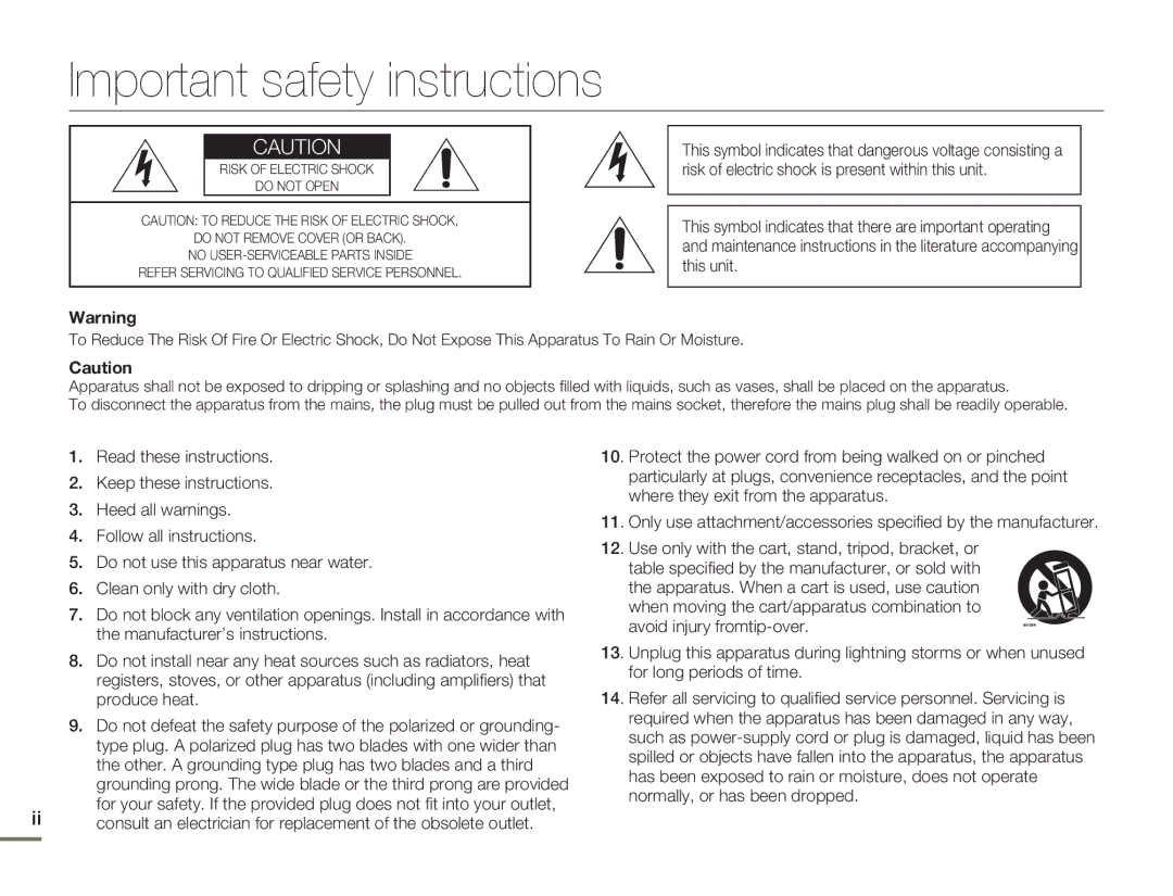 Samsung HMX-H304BN/HMX-H304SN/HMX-H304RN/HMX-H304UN user manual Important safety instructions 