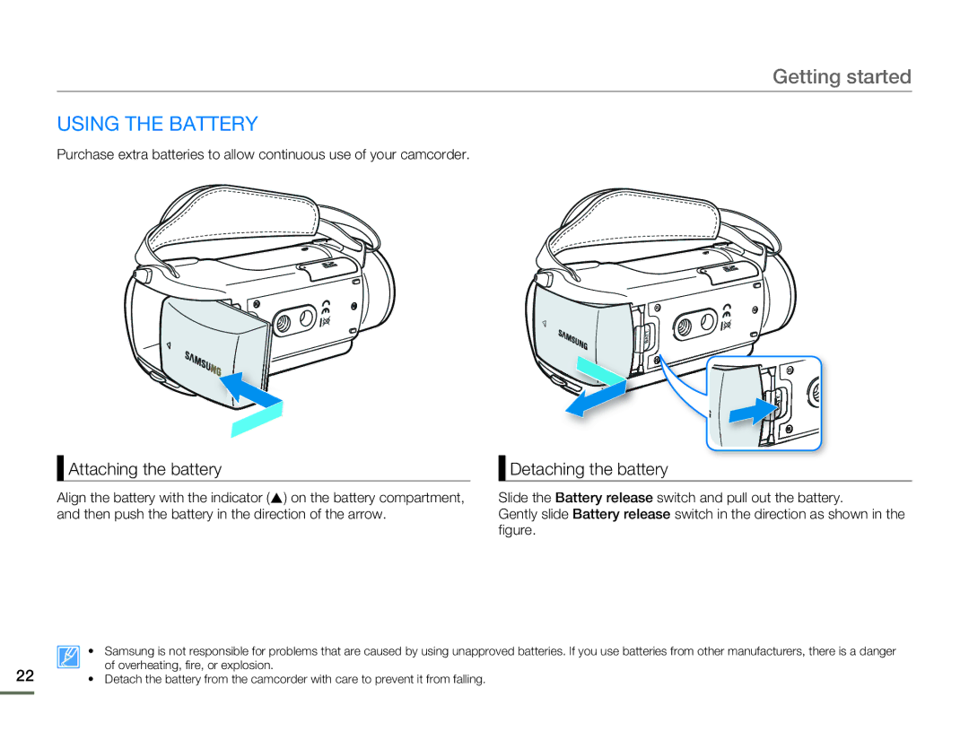 Samsung HMX-H303BN/HMX-H303SN/HMX-H303RN/HMX-H303UN user manual Getting started, Using the Battery, Attaching the battery 