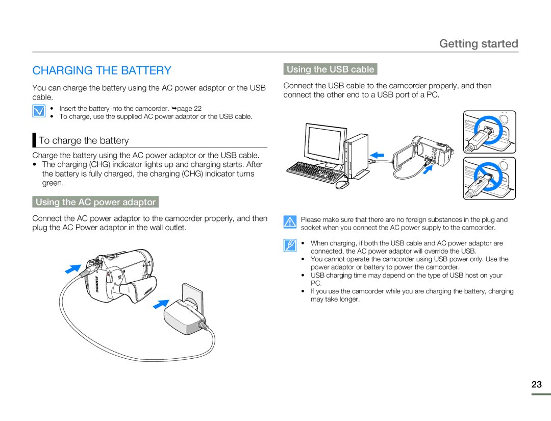 Samsung HMX-H304BN/HMX-H304SN/HMX-H304RN/HMX-H304UN user manual Charging the Battery, To charge the battery 