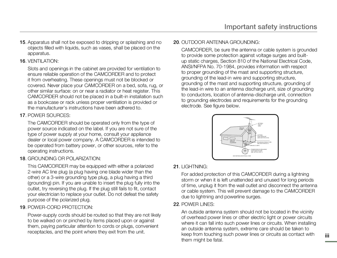 Samsung HMX-H300BN/HMX-H300SN/HMX-H300RN/HMX-H300UN user manual Important safety instructions, Ventilation 