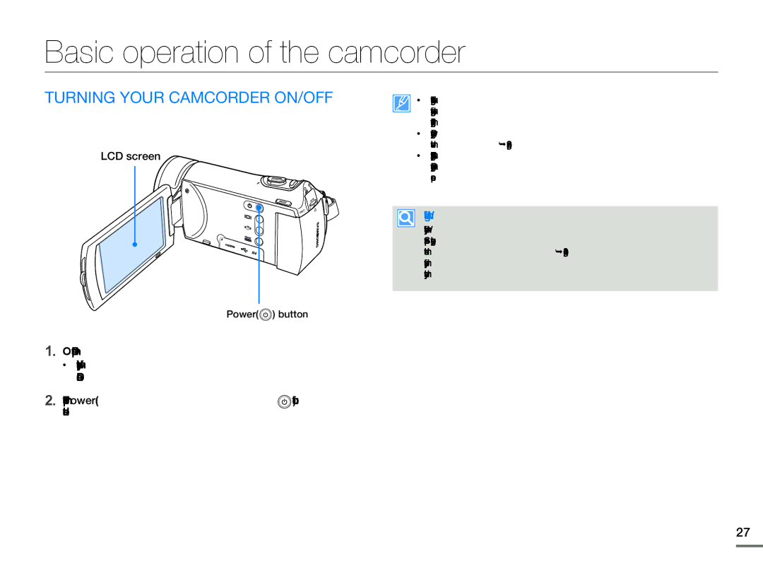 Samsung HMX-H303BN/HMX-H303SN/HMX-H303RN/HMX-H303UN Basic operation of the camcorder, Turning Your Camcorder ON/OFF 