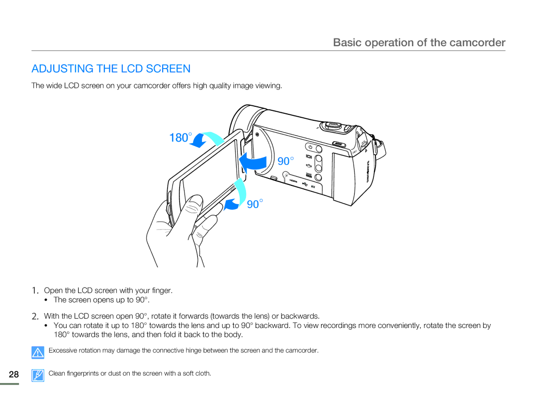 Samsung HMX-H304BN/HMX-H304SN/HMX-H304RN/HMX-H304UN user manual Basic operation of the camcorder, Adjusting the LCD Screen 