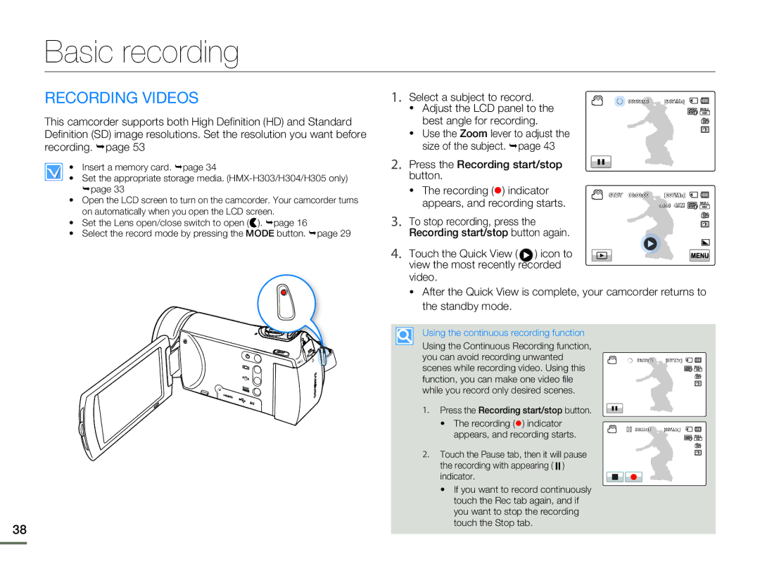 Samsung HMX-H304BN/HMX-H304SN/HMX-H304RN/HMX-H304UN user manual Basic recording, Recording Videos 