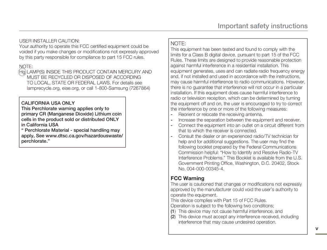 Samsung HMX-H305BN/HMX-H305SN/HMX-H305RN/HMX-H305UN, HMX-H303BN/HMX-H303SN/HMX-H303RN/HMX-H303UN user manual FCC Warning 