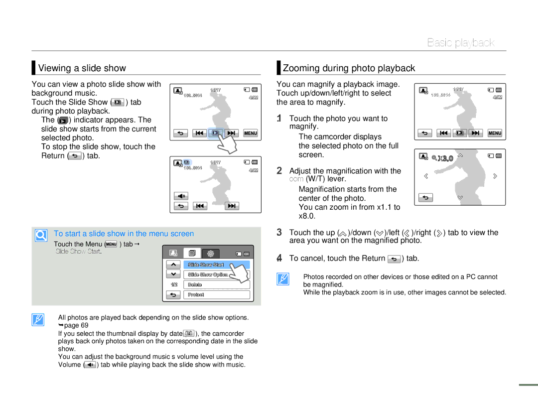 Samsung HMX-H300BN/HMX-H300SN/HMX-H300RN/HMX-H300UN user manual Viewing a slide show Zooming during photo playback 