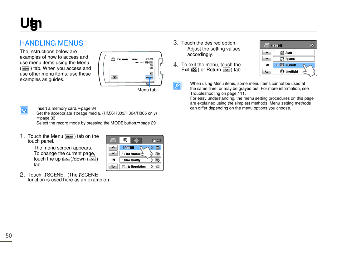 Samsung HMX-H320BN/HMX-H320SN/HMX-H320RN/HMX-H320UN user manual Using the menu items, Handling Menus 