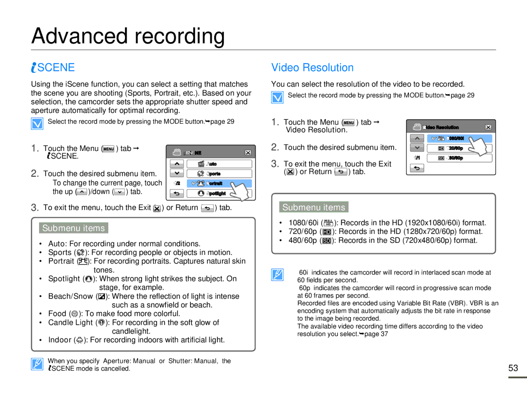 Samsung HMX-H304BN/HMX-H304SN/HMX-H304RN/HMX-H304UN user manual Advanced recording, Scene, Video Resolution 