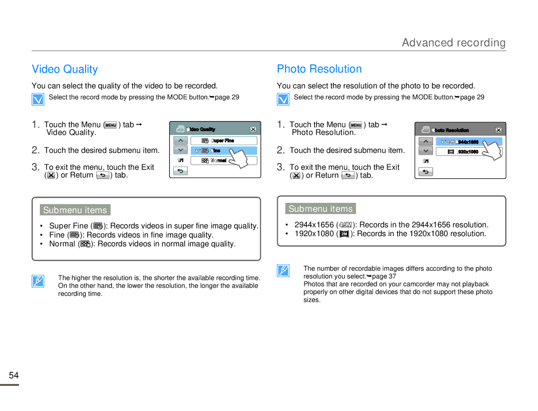 Samsung HMX-H300BN/HMX-H300SN/HMX-H300RN/HMX-H300UN user manual Advanced recording, Video Quality Photo Resolution 