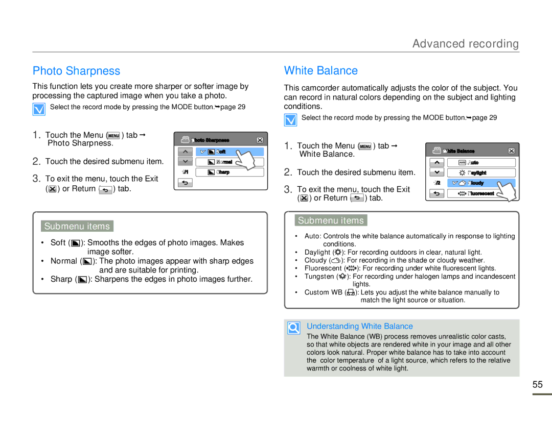 Samsung HMX-H320BN/HMX-H320SN/HMX-H320RN/HMX-H320UN user manual Photo Sharpness White Balance, Touch the Menu 