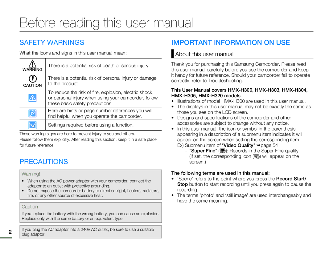 Samsung HMX-H303BN/HMX-H303SN/HMX-H303RN/HMX-H303UN user manual Safety Warnings Important Information on USE, Precautions 