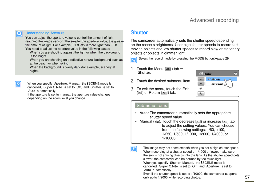 Samsung HMX-H303BN/HMX-H303SN/HMX-H303RN/HMX-H303UN user manual Understanding Aperture, Shutter Touch the Menu Tab  