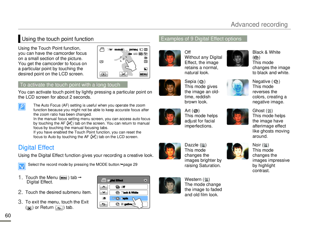 Samsung HMX-H320BN/HMX-H320SN/HMX-H320RN/HMX-H320UN user manual Digital Effect, Using the touch point function 