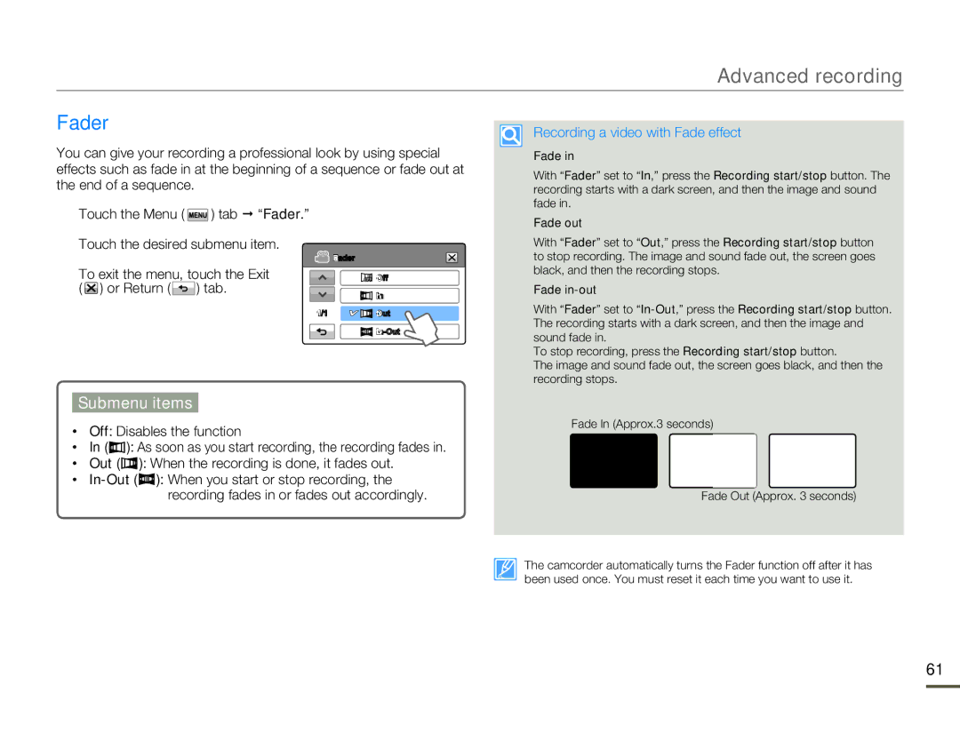 Samsung HMX-H305BN/HMX-H305SN/HMX-H305RN/HMX-H305UN user manual Fader, Recording a video with Fade effect 