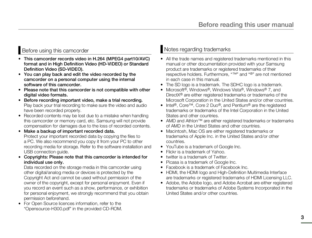 Samsung HMX-H304BN/HMX-H304SN/HMX-H304RN/HMX-H304UN user manual Before using this camcorder 