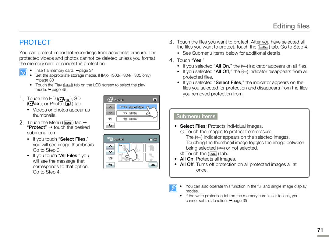 Samsung HMX-H305BN/HMX-H305SN/HMX-H305RN/HMX-H305UN user manual Editing files, Protect, Files you want to protect, touch 