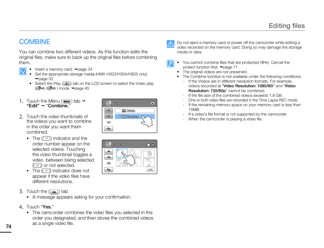 Samsung HMX-H300BN/HMX-H300SN/HMX-H300RN/HMX-H300UN user manual Combine, Touch the video thumbnails, Or not selected 