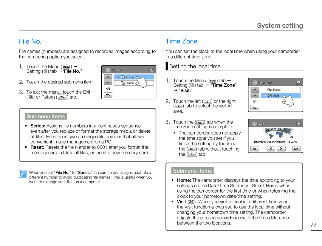 Samsung HMX-H303BN/HMX-H303SN/HMX-H303RN/HMX-H303UN File No Time Zone, Setting the local time, Between the two locations 