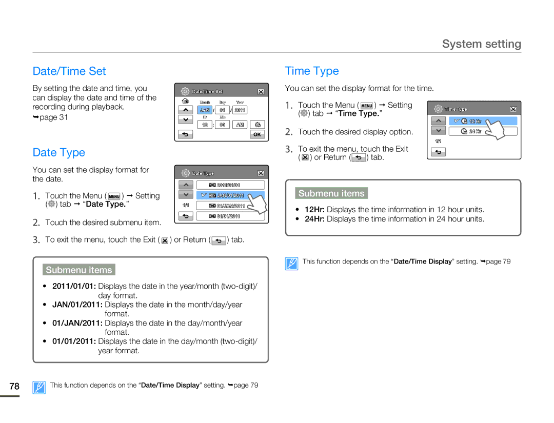 Samsung HMX-H304BN/HMX-H304SN/HMX-H304RN/HMX-H304UN user manual Date/Time Set Time Type, Date Type 