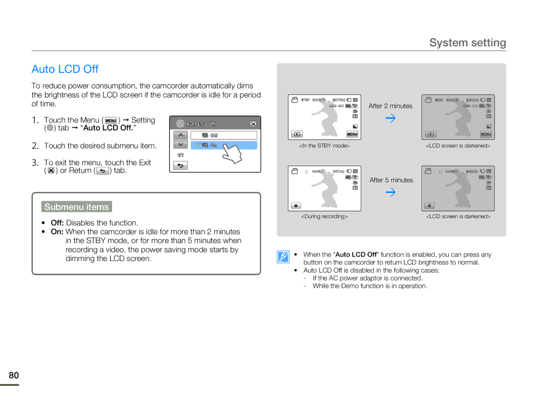 Samsung HMX-H320BN/HMX-H320SN/HMX-H320RN/HMX-H320UN, HMX-H305BN/HMX-H305SN/HMX-H305RN/HMX-H305UN user manual Auto LCD Off 