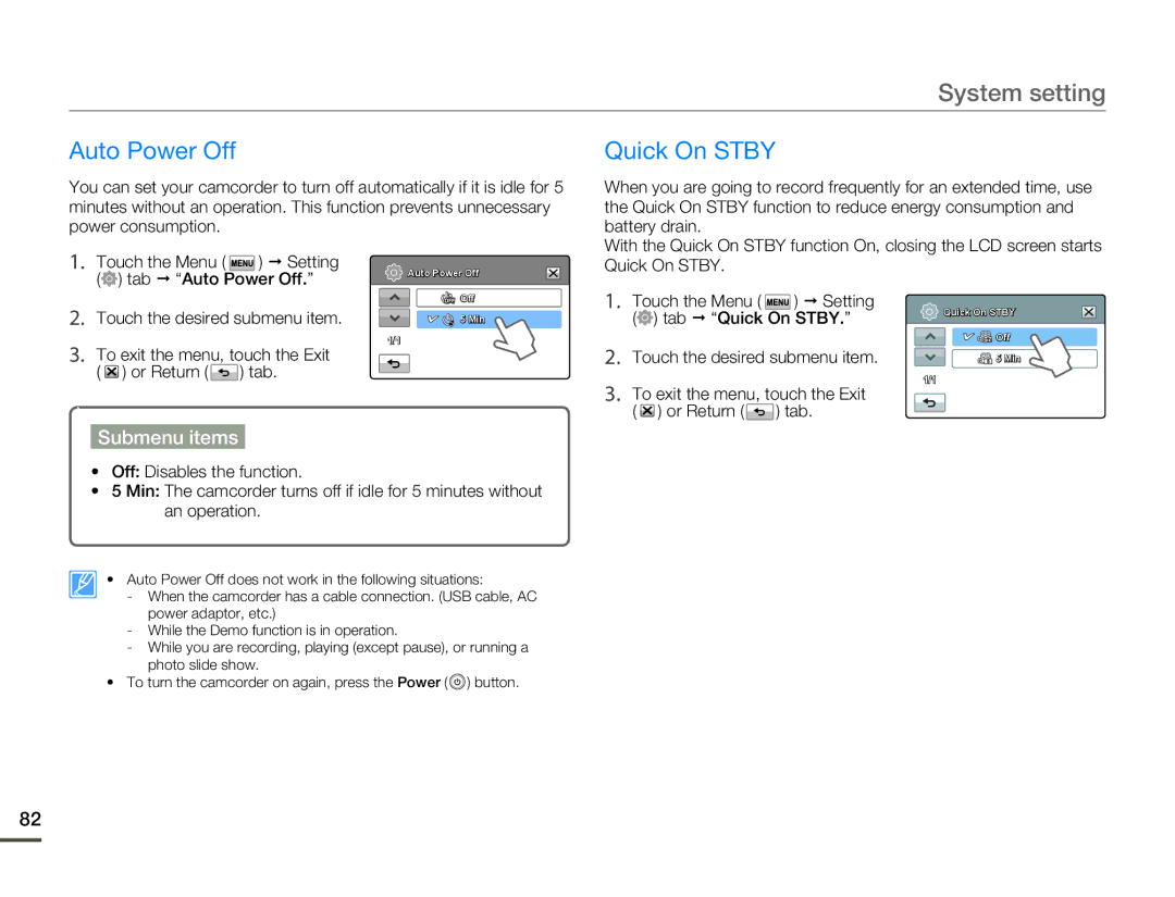 Samsung HMX-H303BN/HMX-H303SN/HMX-H303RN/HMX-H303UN user manual Auto Power Off Quick On Stby, Tab  Auto Power Off 