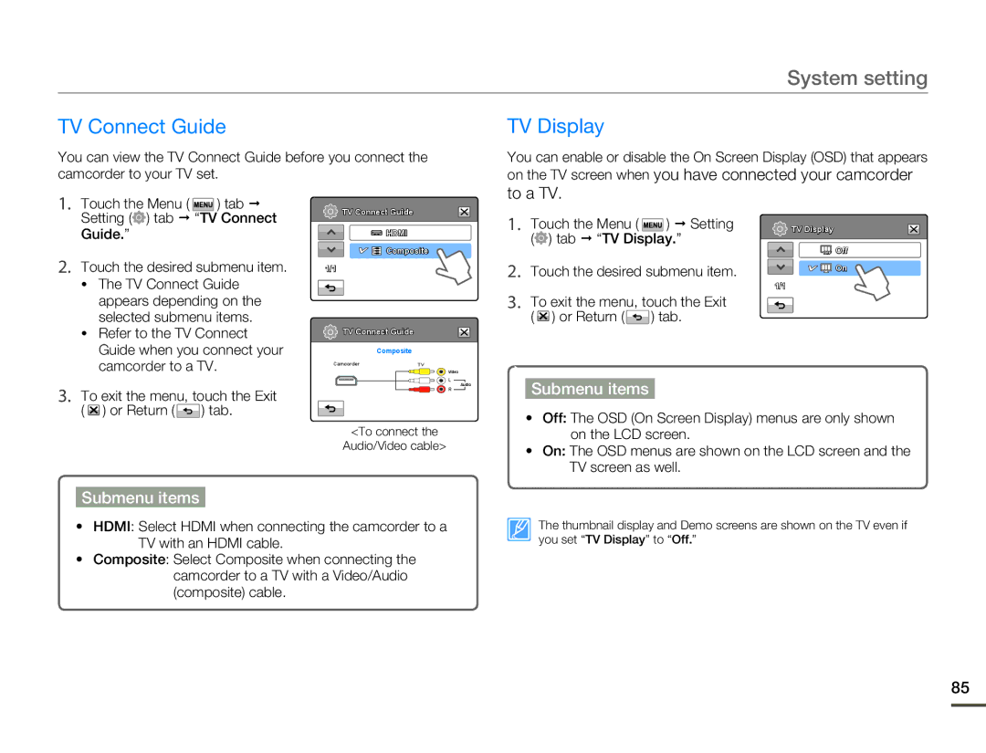 Samsung HMX-H320BN/HMX-H320SN/HMX-H320RN/HMX-H320UN user manual TV Connect Guide TV Display, To a TV, Tab  TV Display 