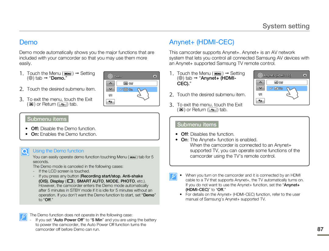 Samsung HMX-H303BN/HMX-H303SN/HMX-H303RN/HMX-H303UN user manual Demo Anynet+ HDMI-CEC, Using the Demo function 