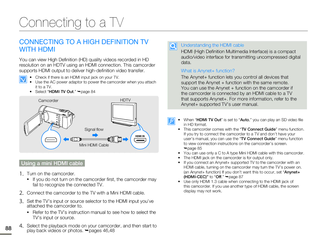 Samsung HMX-H304BN/HMX-H304SN/HMX-H304RN/HMX-H304UN Connecting to a TV, Connecting to a High Definition TV with Hdmi 