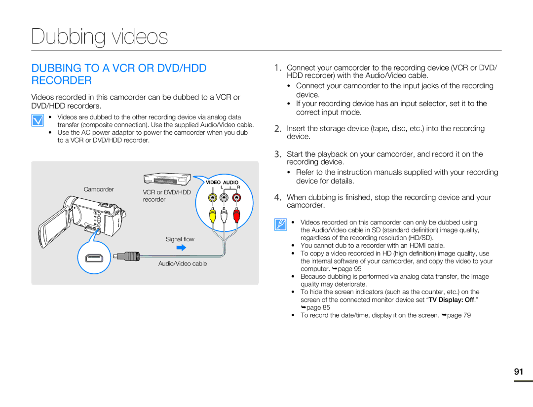 Samsung HMX-H305BN/HMX-H305SN/HMX-H305RN/HMX-H305UN user manual Dubbing videos, Dubbing to a VCR or DVD/HDD Recorder 