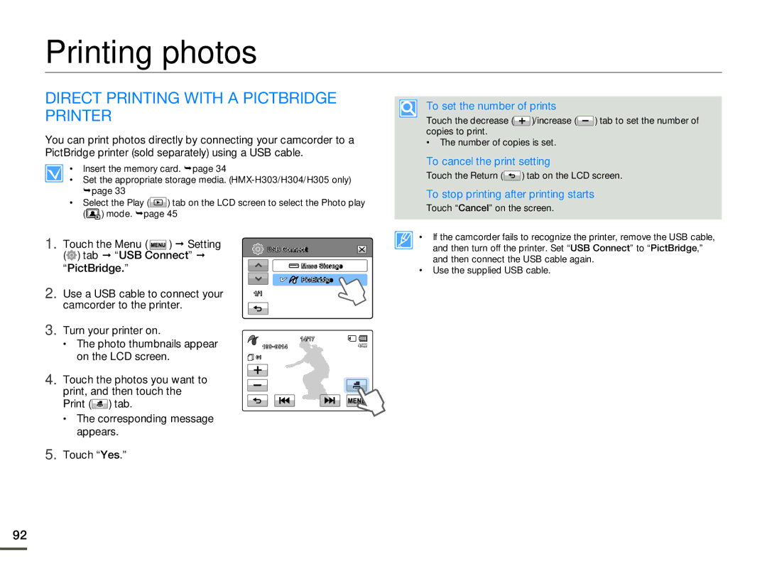 Samsung HMX-H303BN/HMX-H303SN/HMX-H303RN/HMX-H303UN user manual Printing photos, Direct Printing with a Pictbridge Printer 