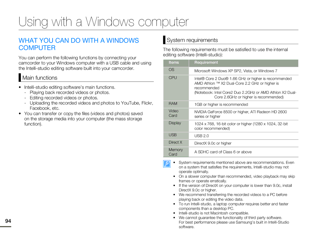 Samsung HMX-H300BN/HMX-H300SN/HMX-H300RN/HMX-H300UN Using with a Windows computer, What YOU can do with a Windows Computer 