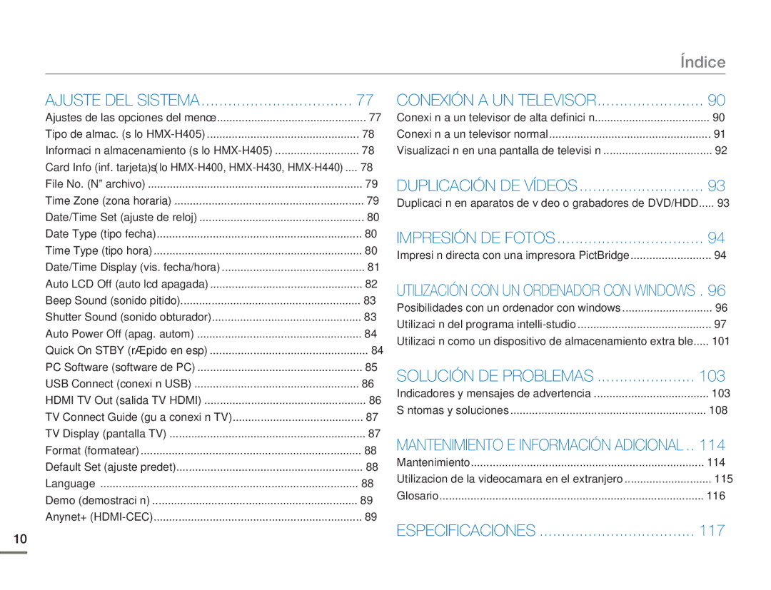 Samsung HMX-H400BP/EDC, HMX-H400BP/XIL manual 103, 114, 117 