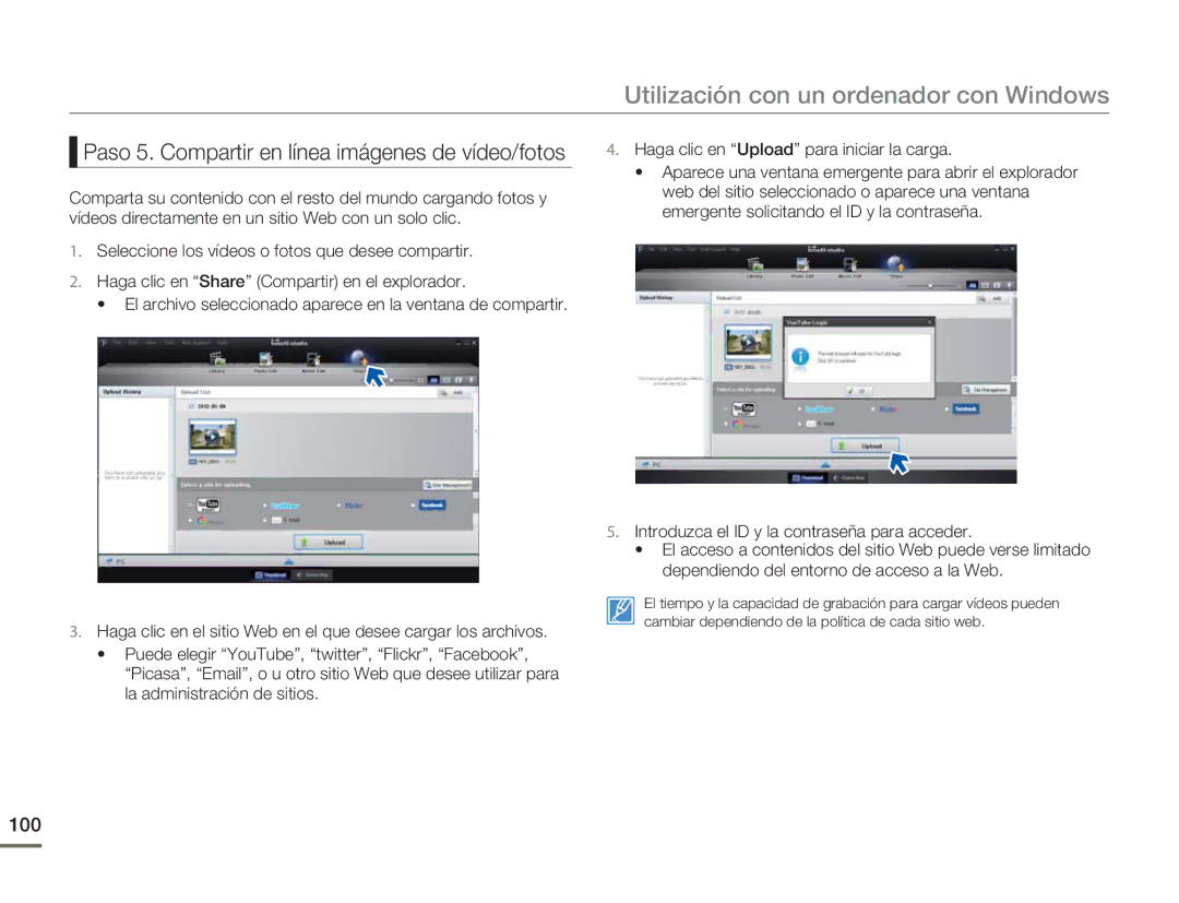 Samsung HMX-H400BP/EDC, HMX-H400BP/XIL manual Paso 5. Compartir en línea imágenes de vídeo/fotos, 100 