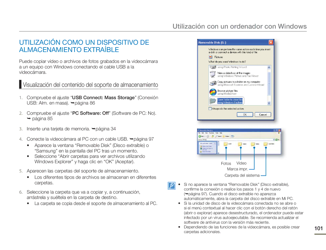 Samsung HMX-H400BP/XIL, HMX-H400BP/EDC manual Utilización Como UN Dispositivo DE Almacenamiento Extraíble 