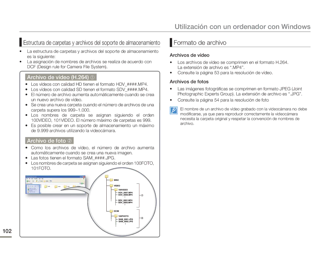 Samsung HMX-H400BP/EDC, HMX-H400BP/XIL manual Formato de archivo, Archivo de vídeo H.264 ➀, Archivo de foto ➁, 102 