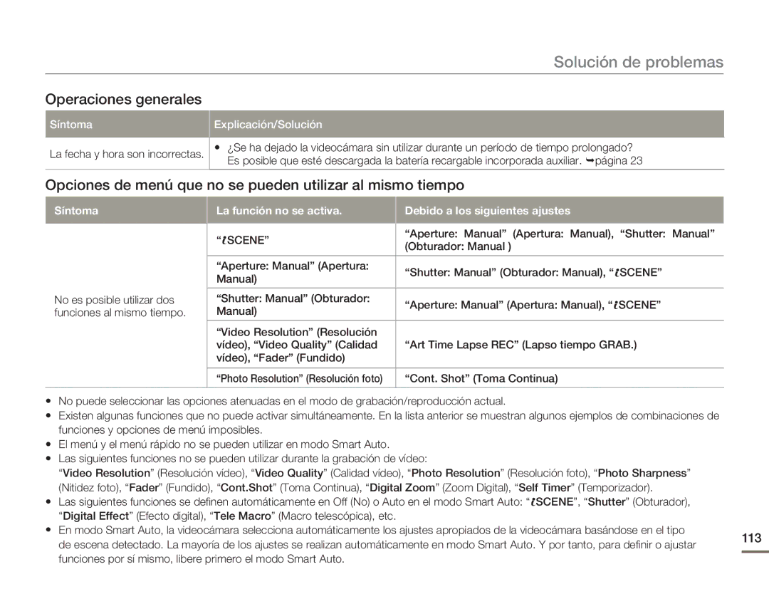 Samsung HMX-H400BP/XIL manual Operaciones generales, Opciones de menú que no se pueden utilizar al mismo tiempo, 113 