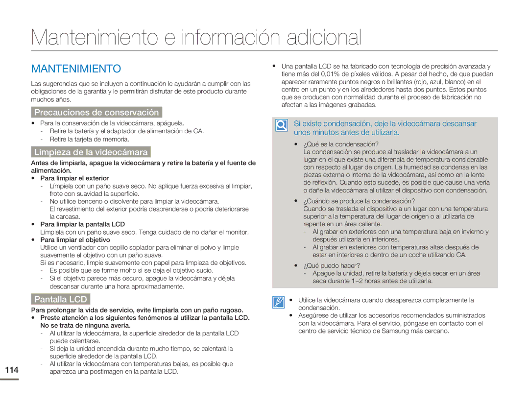 Samsung HMX-H400BP/EDC Mantenimiento e información adicional, Precauciones de conservación, Limpieza de la videocámara 