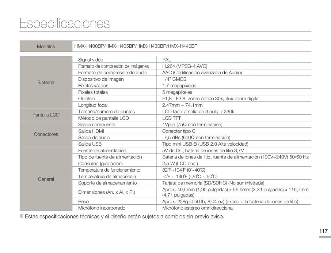 Samsung HMX-H400BP/XIL, HMX-H400BP/EDC manual Especificaciones, Pal 