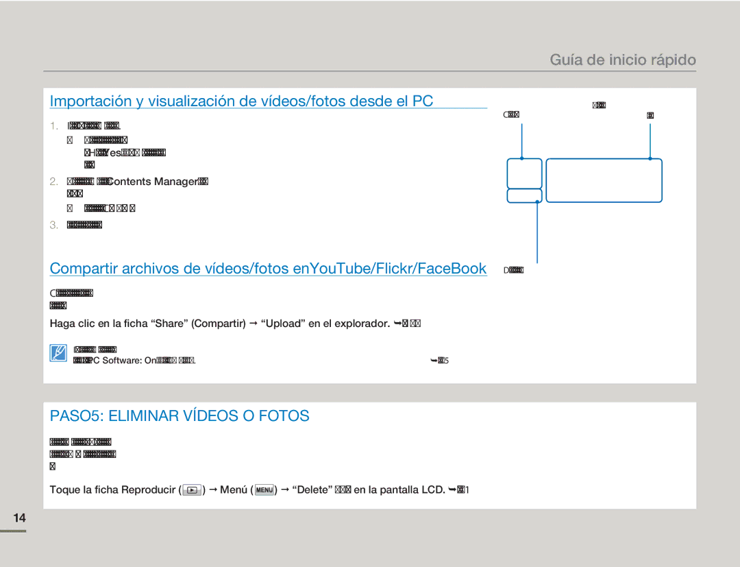 Samsung HMX-H400BP/EDC manual Importación y visualización de vídeos/fotos desde el PC, PASO5 Eliminar Vídeos O Fotos 