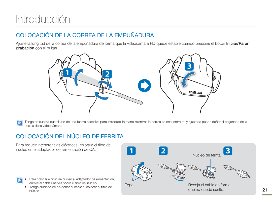 Samsung HMX-H400BP/XIL manual Introducción, Colocación DE LA Correa DE LA Empuñadura, Colocación DEL Núcleo DE Ferrita 