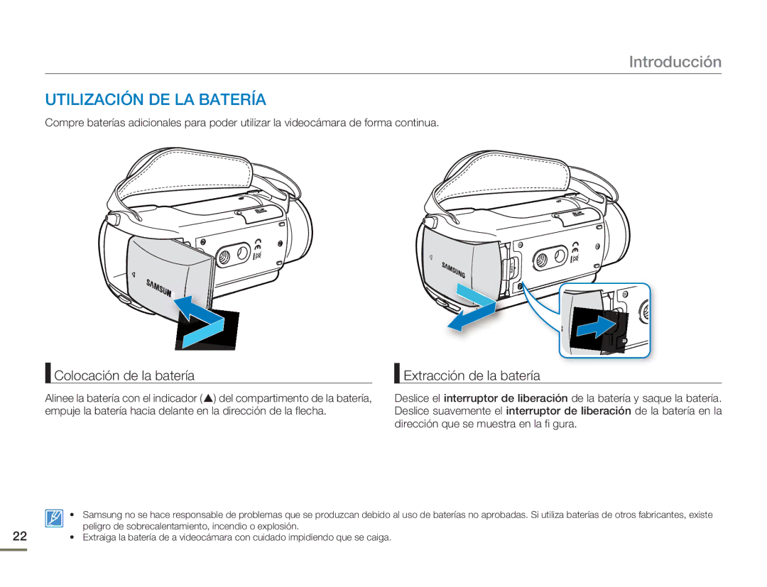 Samsung HMX-H400BP/EDC manual Introducción, Utilización DE LA Batería, Colocación de la batería, Extracción de la batería 