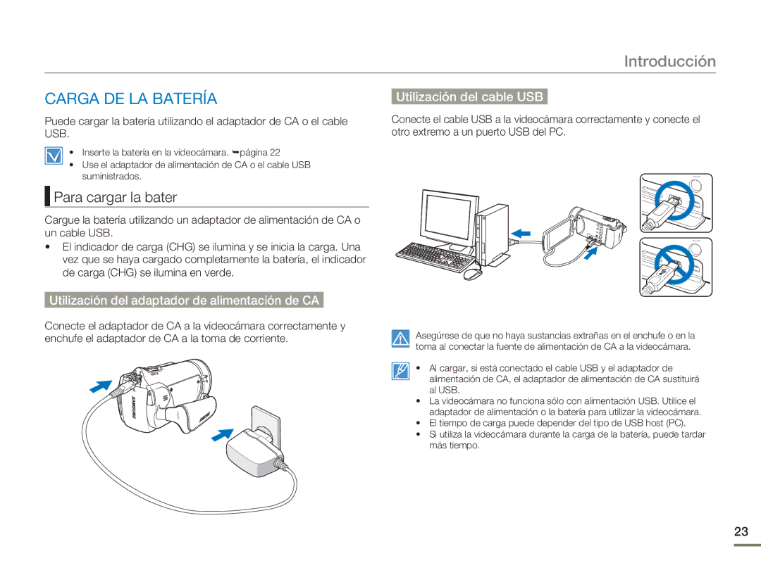 Samsung HMX-H400BP/XIL, HMX-H400BP/EDC manual Carga DE LA Batería, Para cargar la bater, Utilización del cable USB 