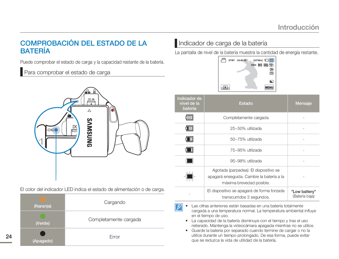 Samsung HMX-H400BP/EDC, HMX-H400BP/XIL manual Comprobación DEL Estado DE LA, Batería, Indicador de carga de la batería 