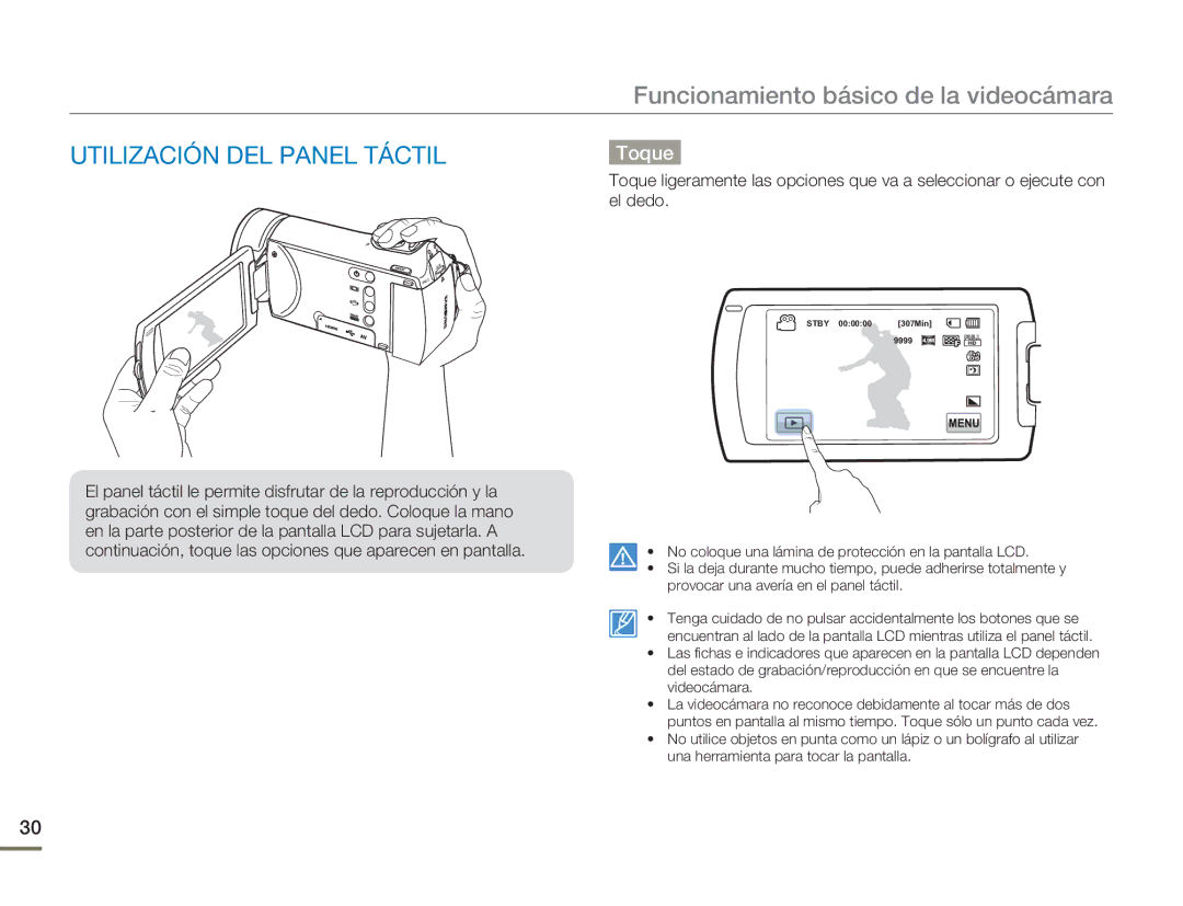 Samsung HMX-H400BP/EDC, HMX-H400BP/XIL manual Utilización DEL Panel Táctil, Toque 