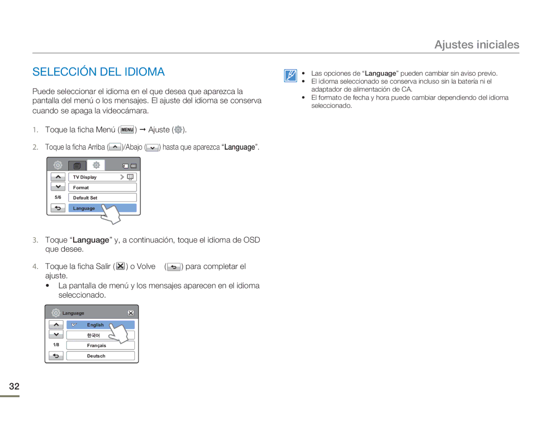 Samsung HMX-H400BP/EDC, HMX-H400BP/XIL manual Ajustes iniciales, Selección DEL Idioma 