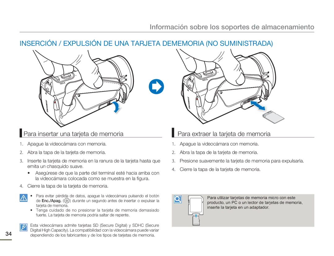 Samsung HMX-H400BP/EDC manual Información sobre los soportes de almacenamiento, Para insertar una tarjeta de memoria 