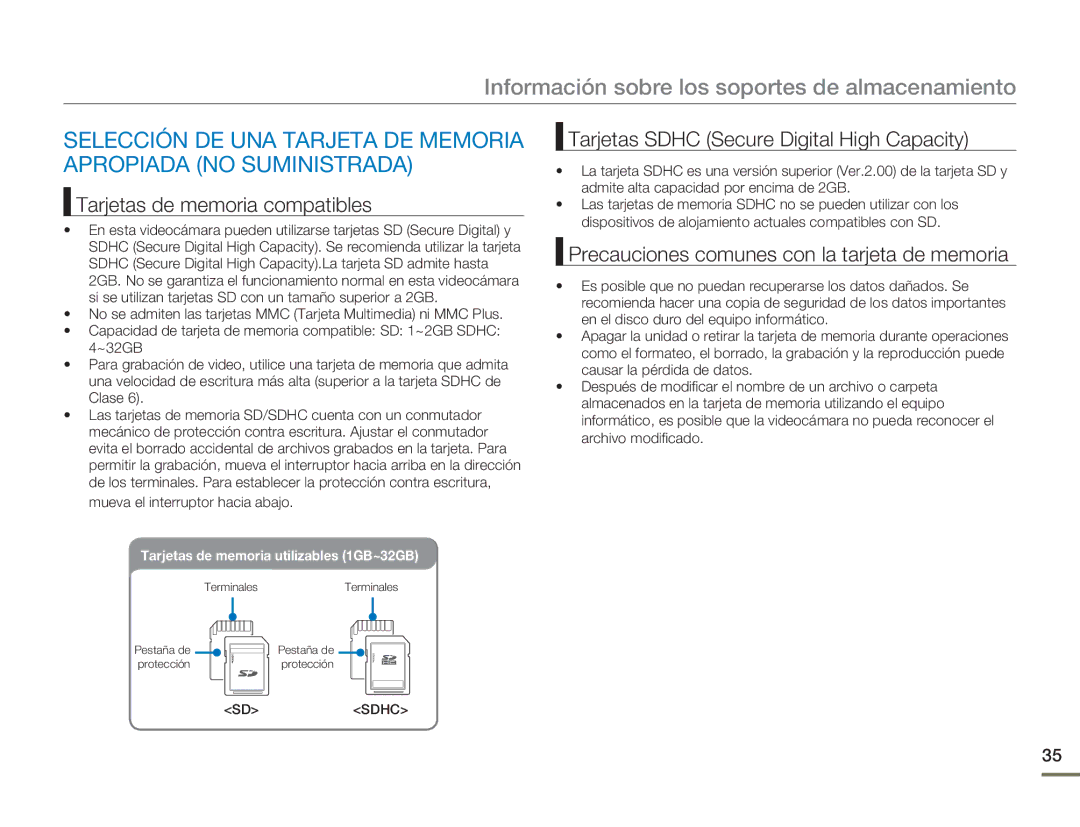 Samsung HMX-H400BP/XIL, HMX-H400BP/EDC manual Tarjetas de memoria compatibles, Tarjetas Sdhc Secure Digital High Capacity 