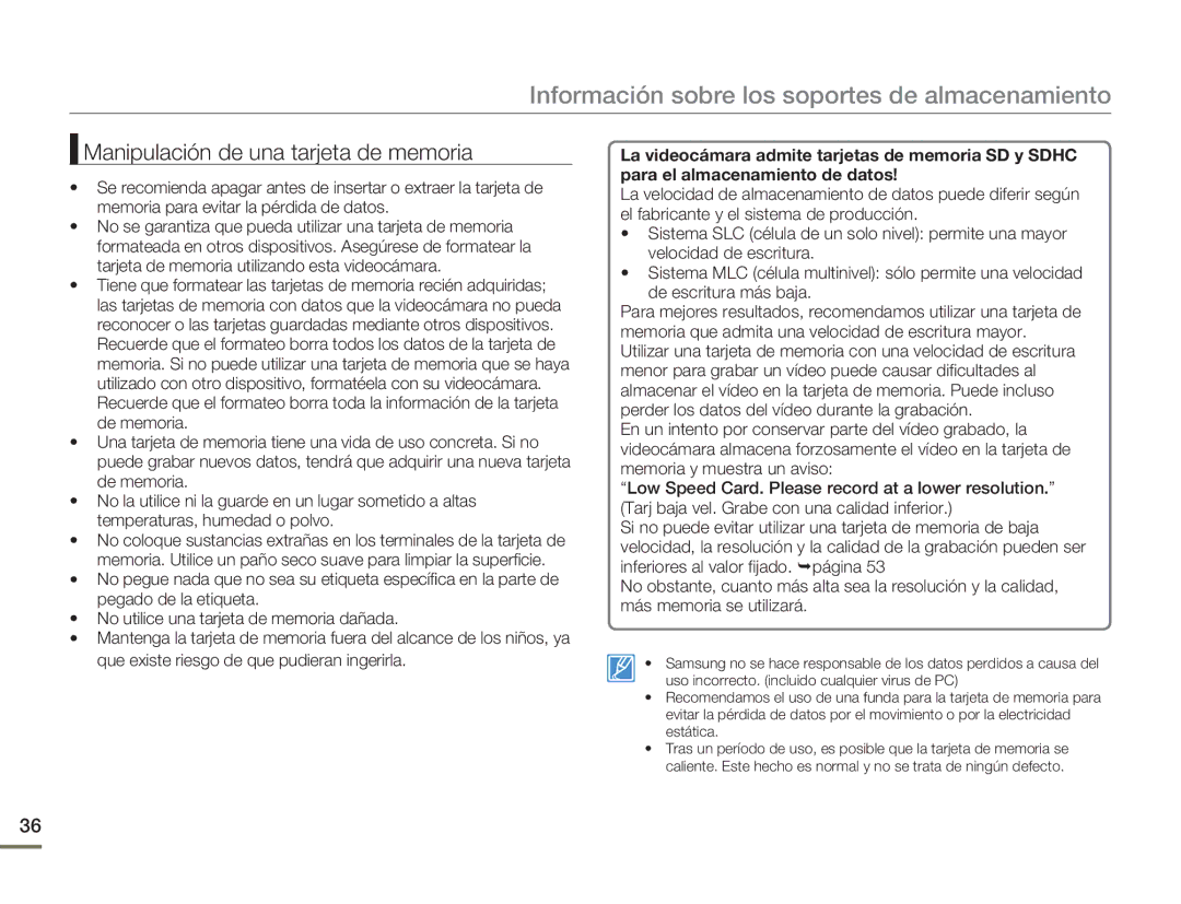 Samsung HMX-H400BP/EDC, HMX-H400BP/XIL manual Manipulación de una tarjeta de memoria 