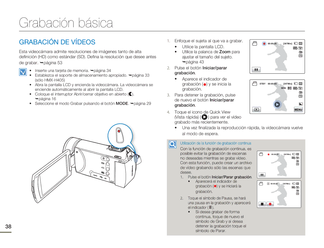 Samsung HMX-H400BP/EDC, HMX-H400BP/XIL manual Grabación básica, Grabación DE Vídeos, De grabar. página 