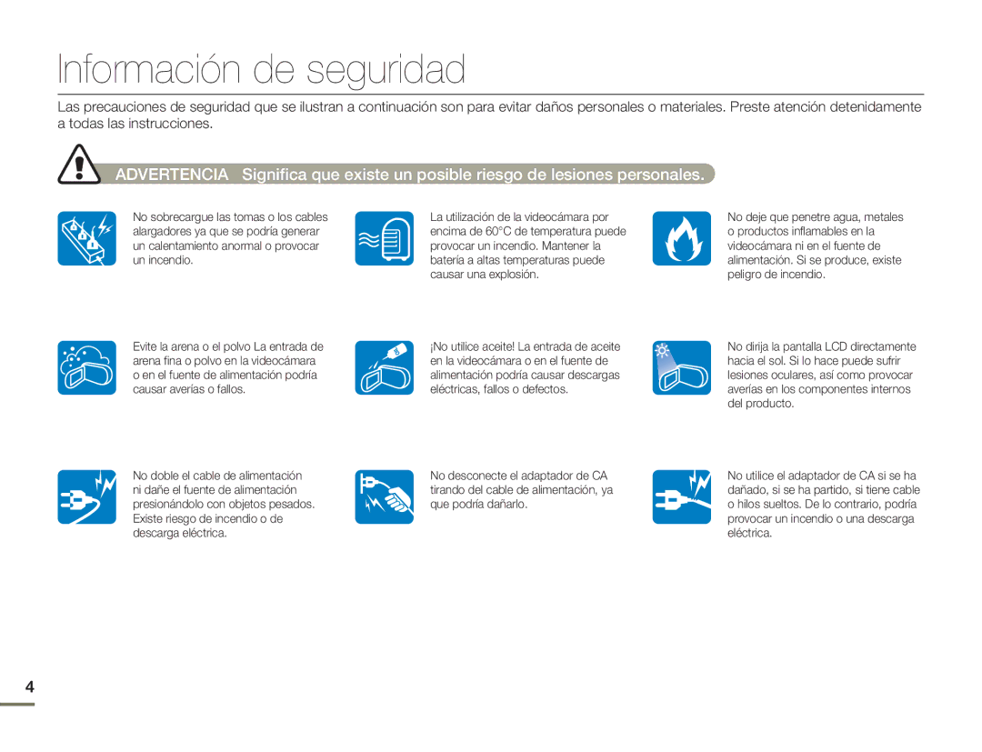 Samsung HMX-H400BP/EDC, HMX-H400BP/XIL manual Información de seguridad 